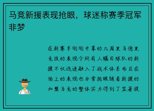 马竞新援表现抢眼,球迷称赛季冠军非梦